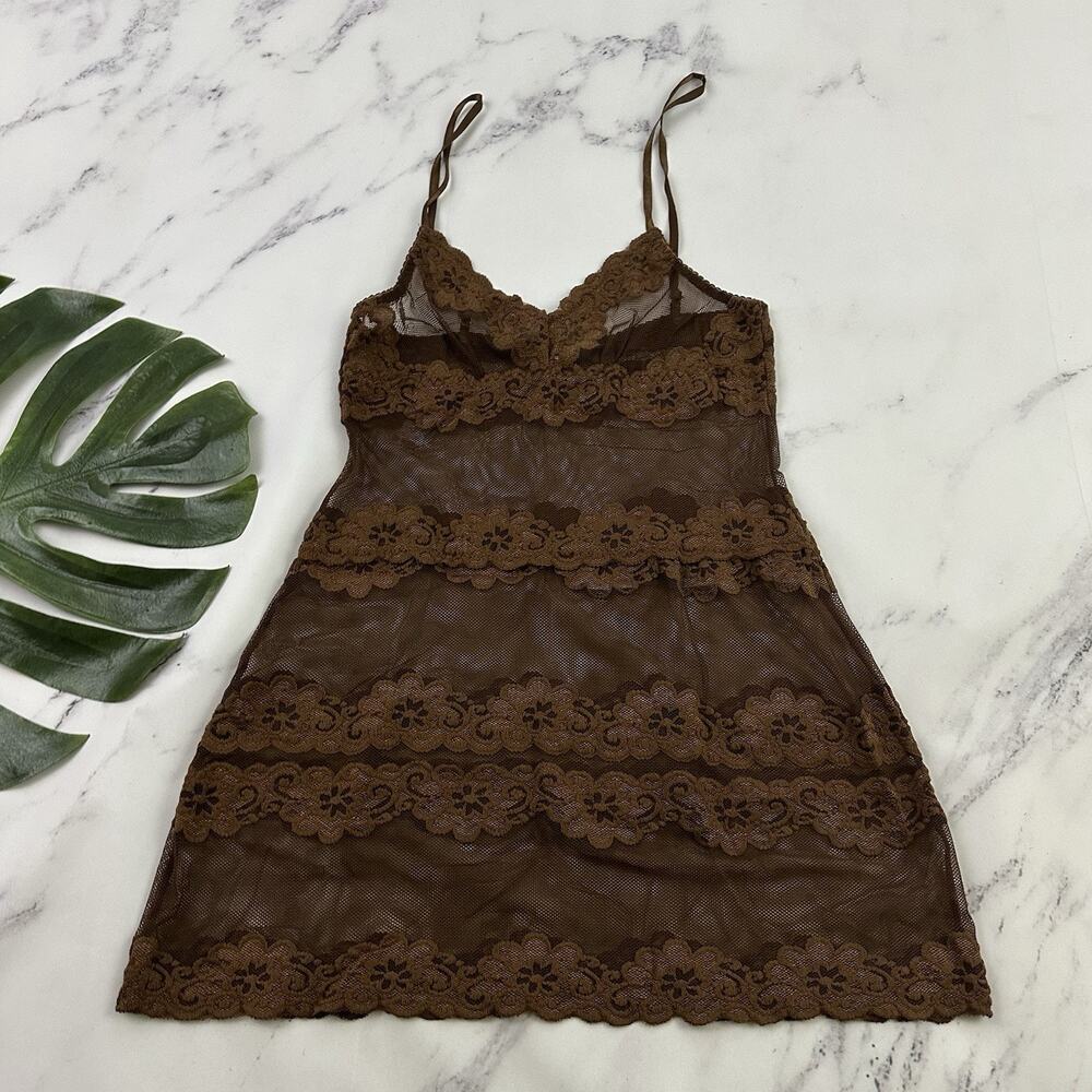 Rampage Womens Vintage Y2k Sheer Lace Tunic Cami Tank Size L Brown Mesh